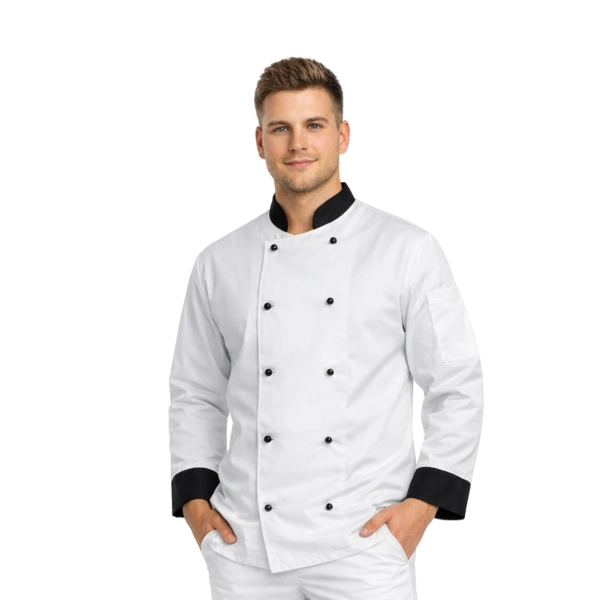 Bluza kucharska biała długi rękaw wstawki czarne roz.3XL – bluza kucharska – odzież gastronomiczna